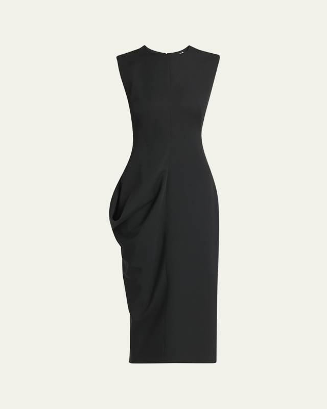 Wool Midi Dress with Draped Waist Detail