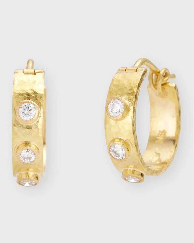 19K Flat Ribbon Hoop Earrings with Diamonds, 0.5"L