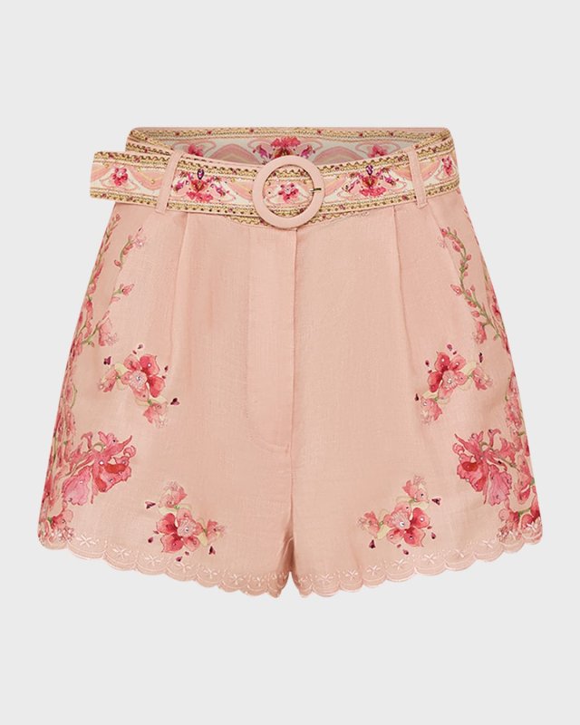 Tuck-Front Floral-Print Linen Shorts