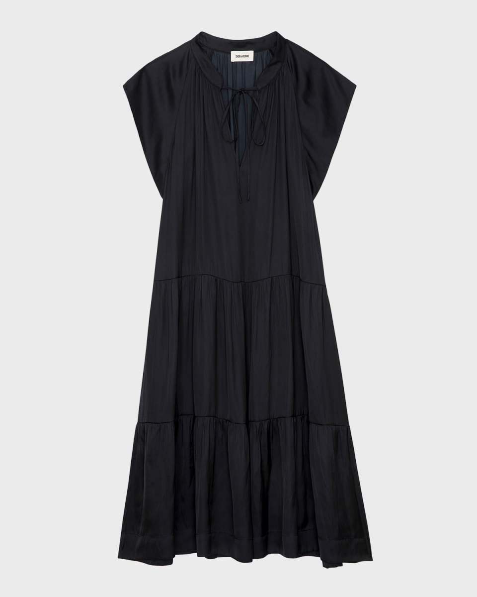 Rito Satin Self-Tie High Neck Tiered Mini Dress