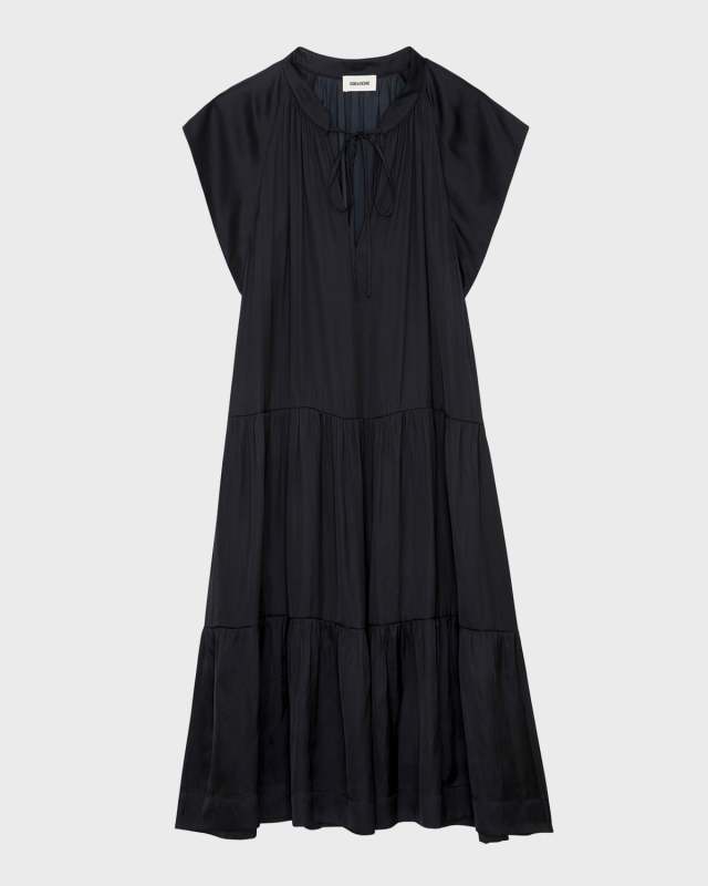 Rito Satin Self-Tie High Neck Tiered Mini Dress