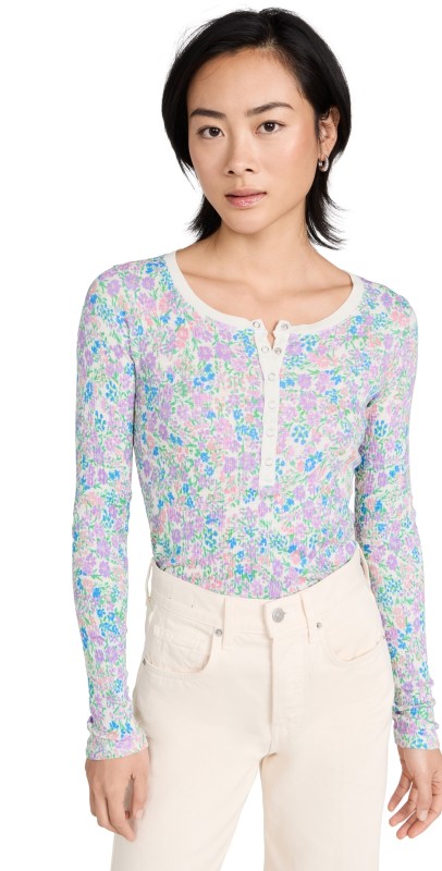 SUNDRY Vida Floral Henley Oatmilk