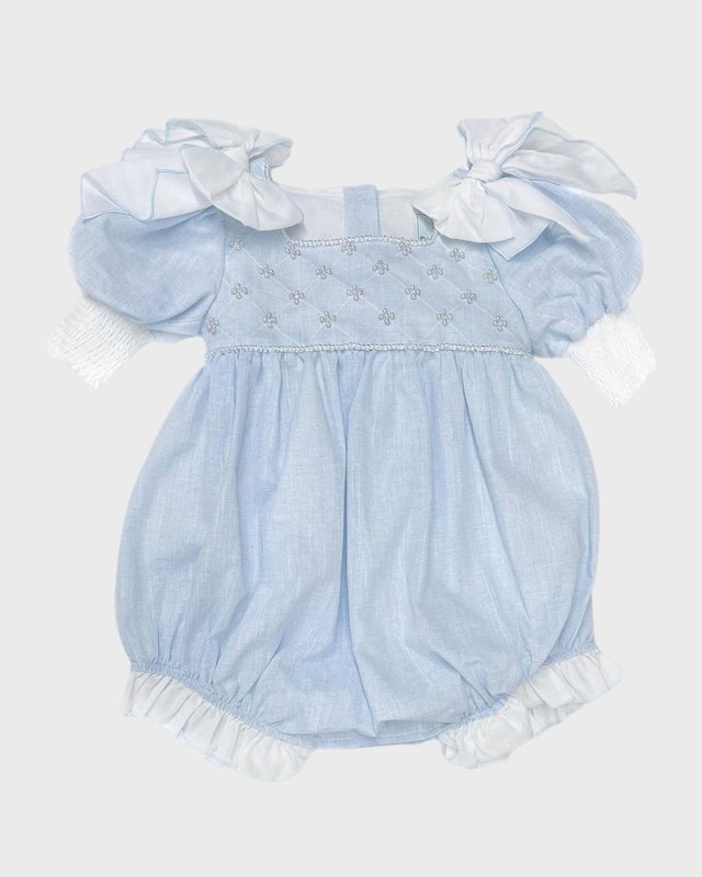 Girl's Charlotte Faux Pearl Linen Romper, Size 6M-