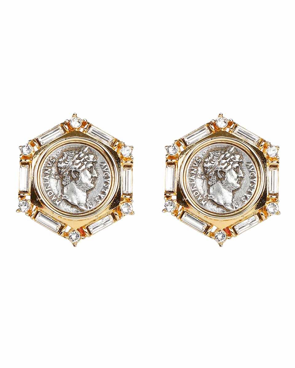 Roman Coin and Crystal Clip Earrings