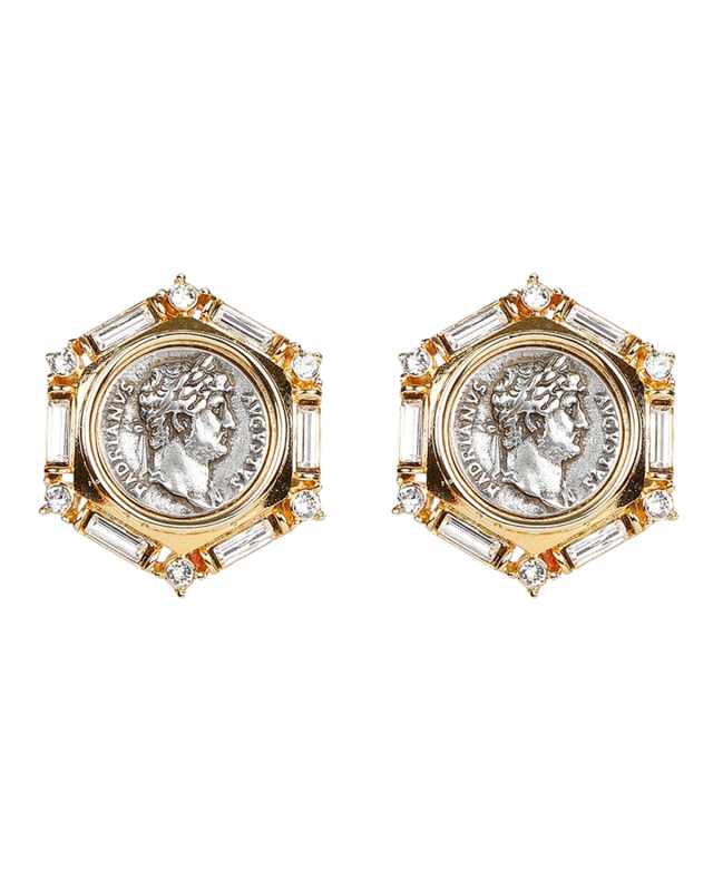 Roman Coin and Crystal Clip Earrings