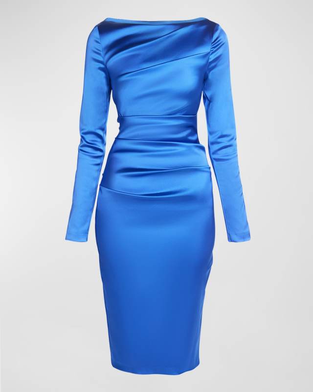 High-Neck Draped Satin Duchesse Long-Sleeve Dress