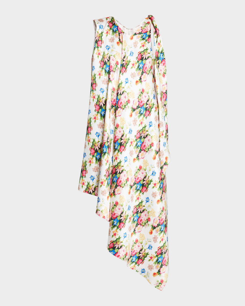Asymmetric Floral Silk Shift Dress