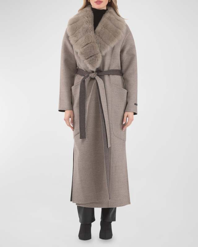 Belted Cashmere Wrap Coat With Detachable Merinillo Lamb Shearling Collar