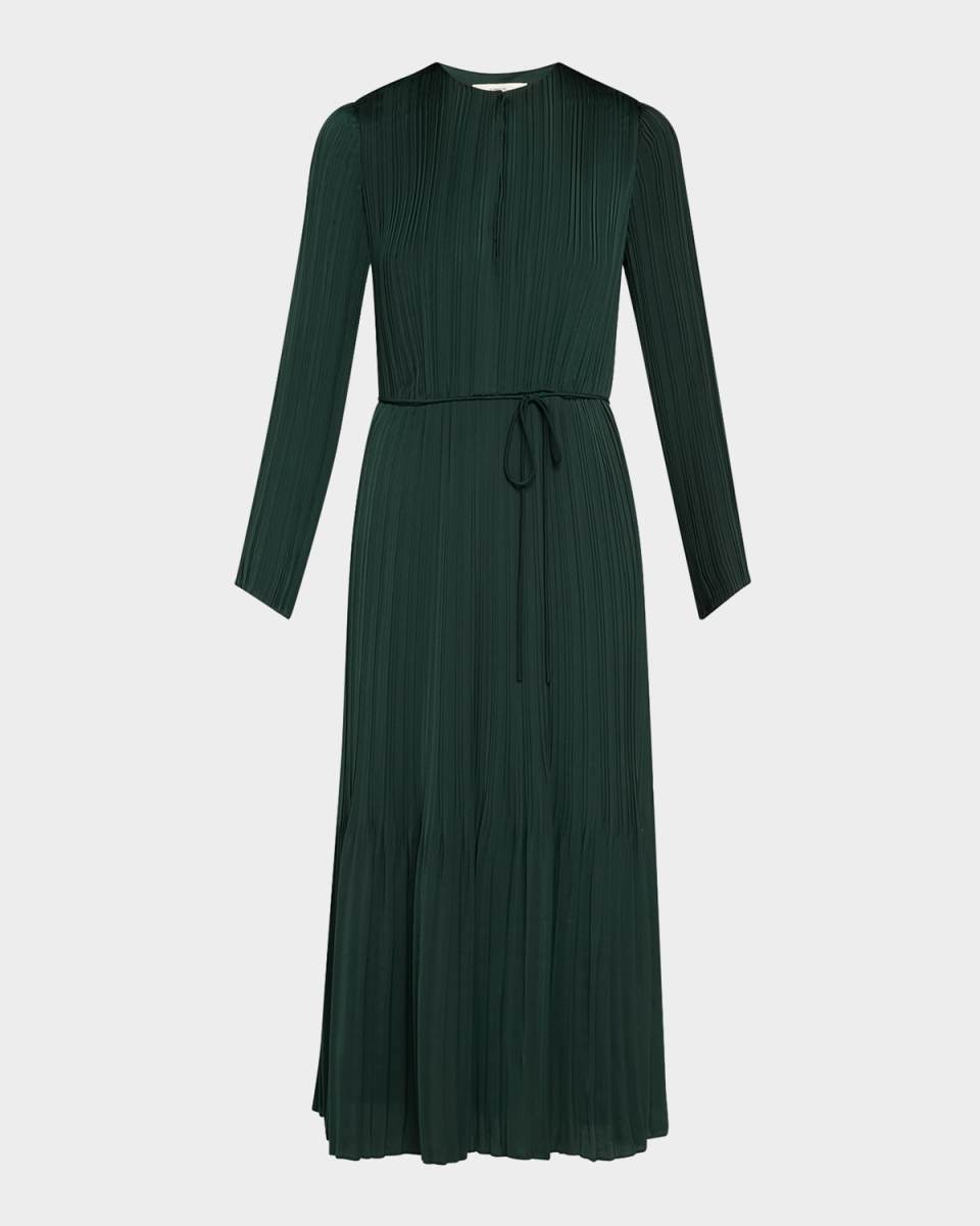 Pleated Long-Sleeve Midi Dress