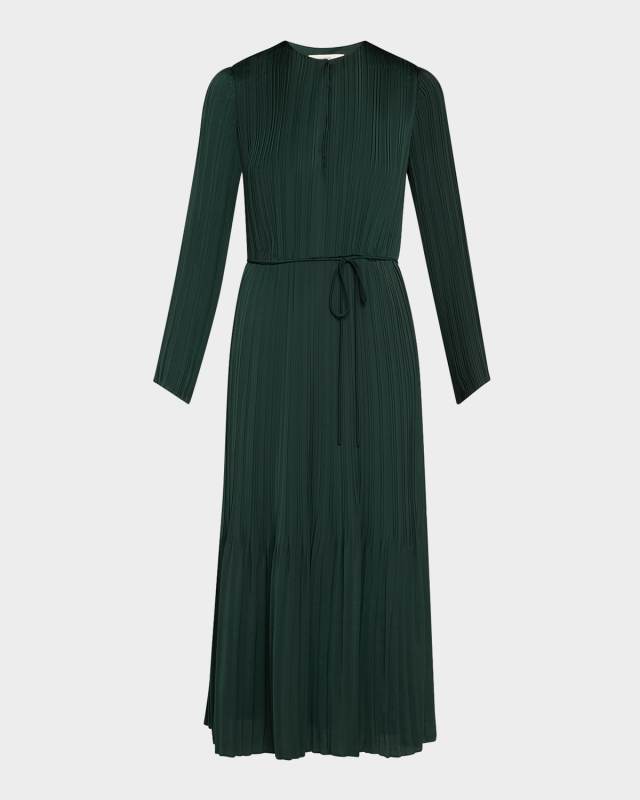 Pleated Long-Sleeve Midi Dress