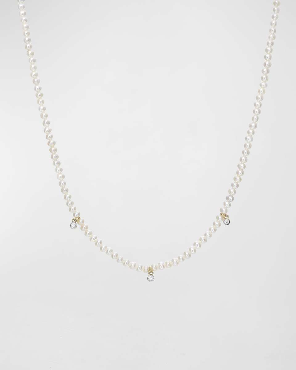 Pearl Strand with Diamond Bezel Necklace