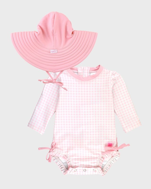 Girl's Gingham One-Piece Swimsuit and Hat Set, Size 0M-3T