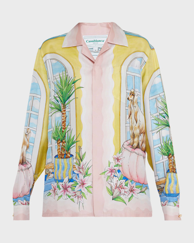 Cuban-Collar Long-Sleeve Printed Silk Shirt