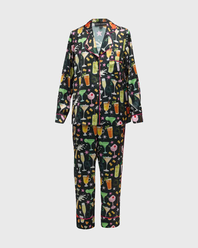 Cropped Cocktail-Print Satin Pajama Set