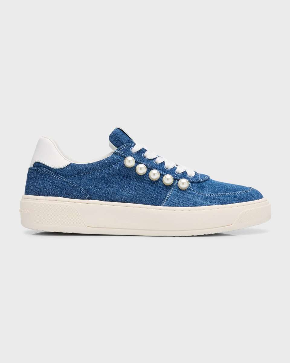 Denim Pearly Stud Low-Top Sneakers