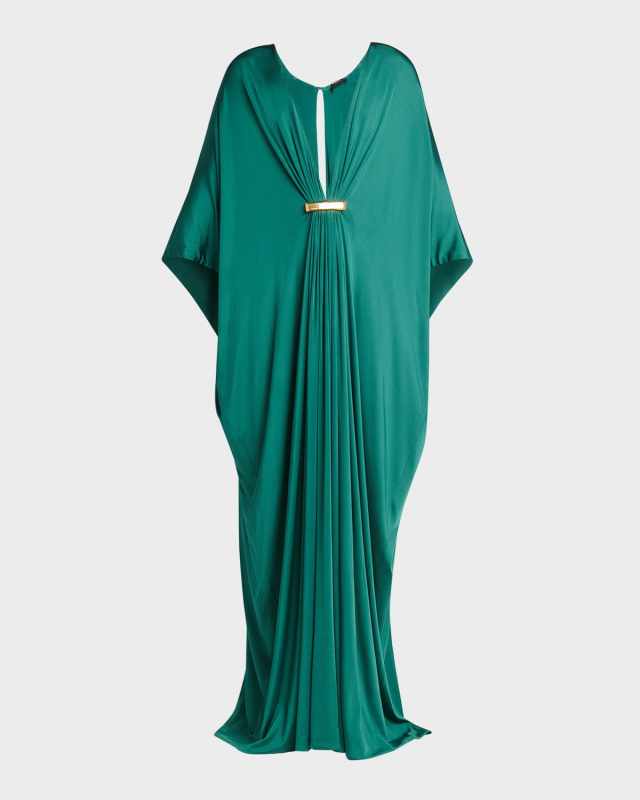 Plunging Satin Stretch Jersey Maxi Kaftan Dress
