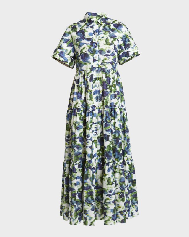 Floral Short-Sleeve Tiered Midi Shirtdress