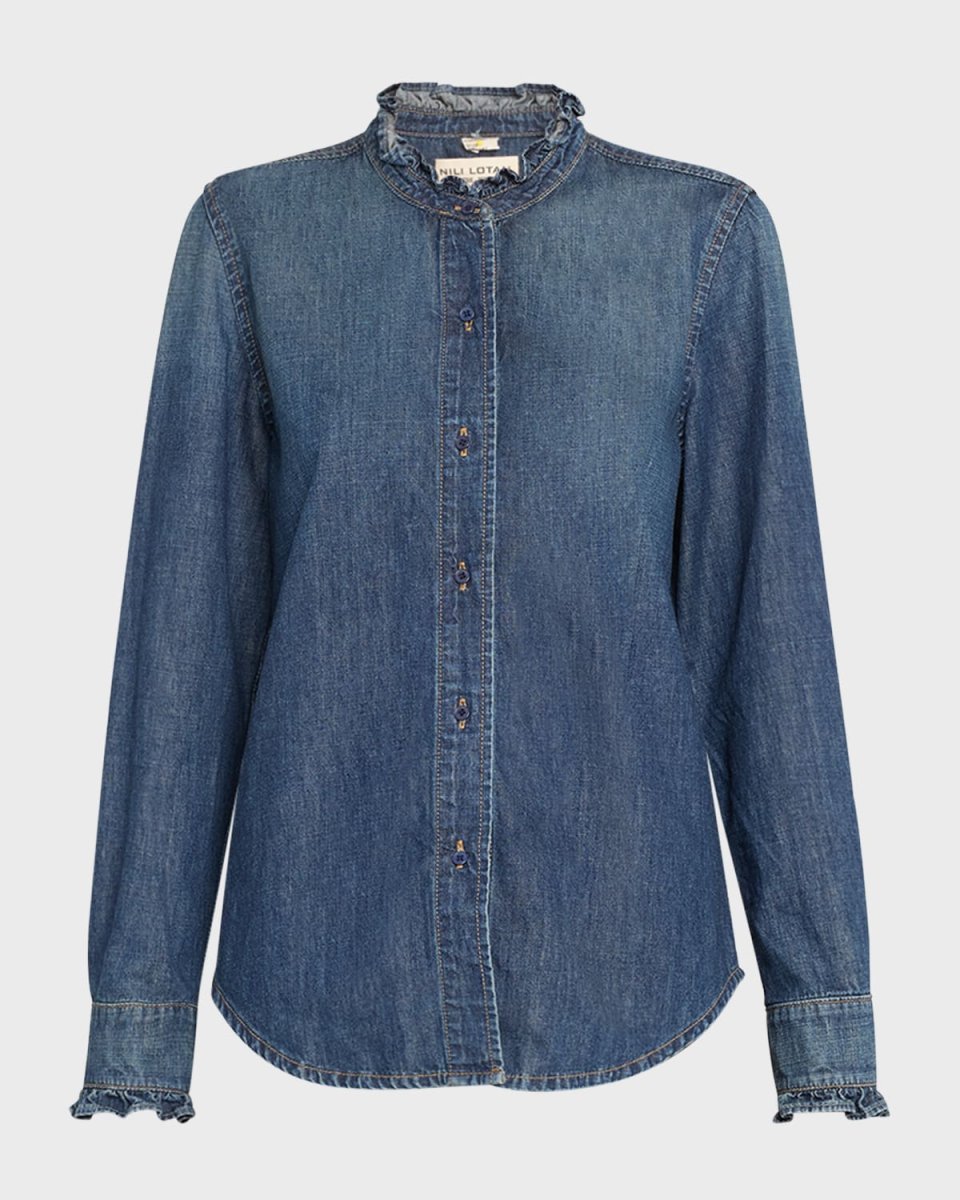 Lydia Denim Button-Front Shirt with Ruffle Tri