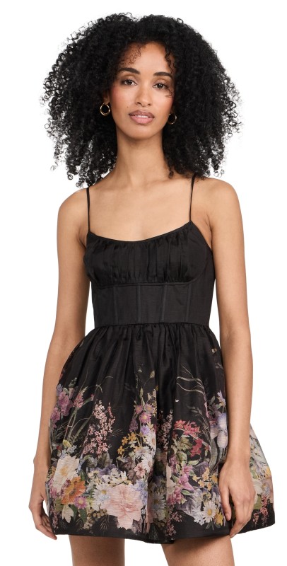 Zimmermann Natura Ruched Mini Dress Black Wild Flowers