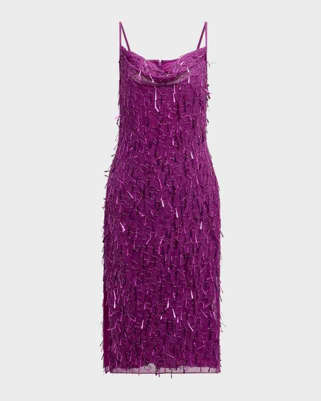 Cowl-Neck Bead and Sequin Midi Dress