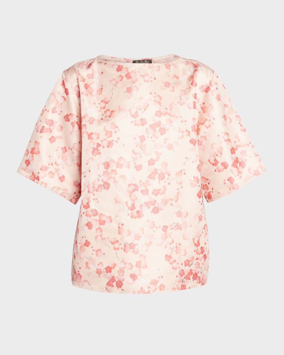 Mara Blooms-Print Short-Sleeve Silk Crepe De Chine Blouse
