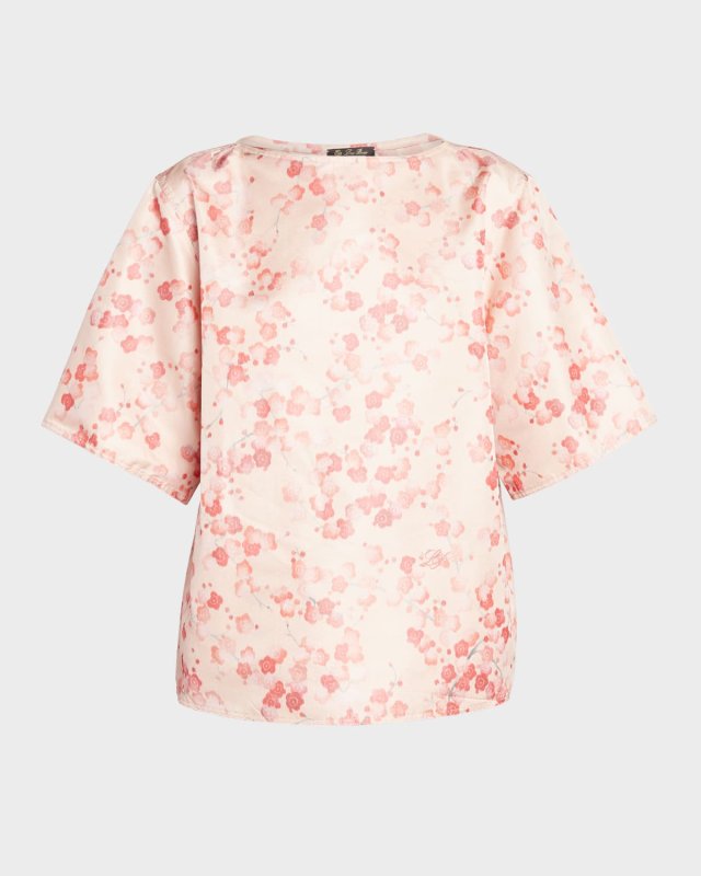 Mara Blooms-Print Short-Sleeve Silk Crepe De Chine Blouse