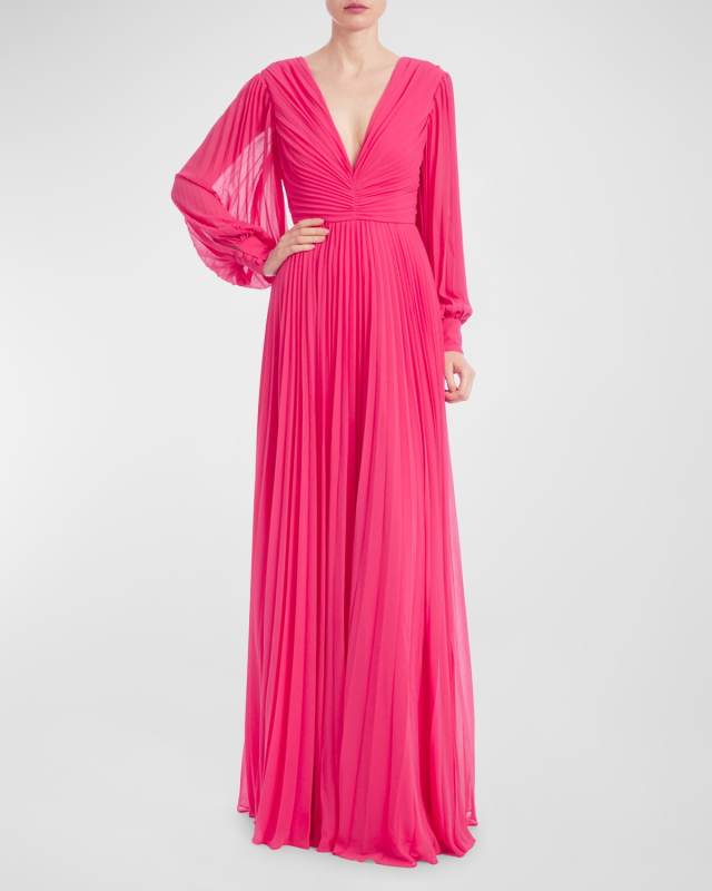 Pleated Blouson-Sleeve Georgette Gown