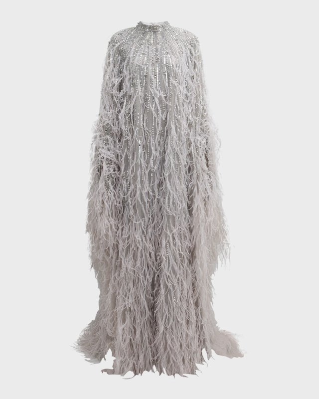 Feather Beaded Tulle Cape Caftan Gown