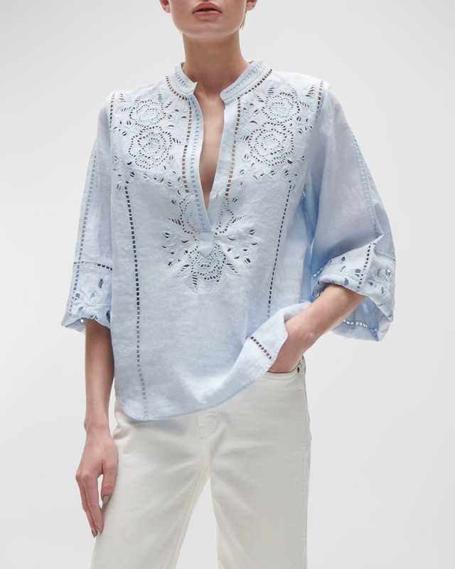 Rylie Broderie Anglaise Long-Sleeve Linen Top