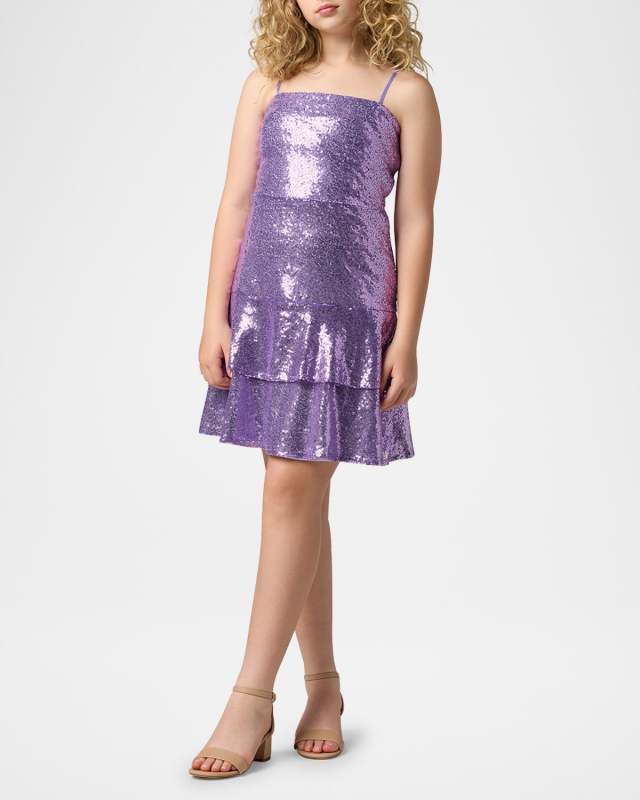 Girl's Tiered Sequin Dress W/ Bow, Size 7-16