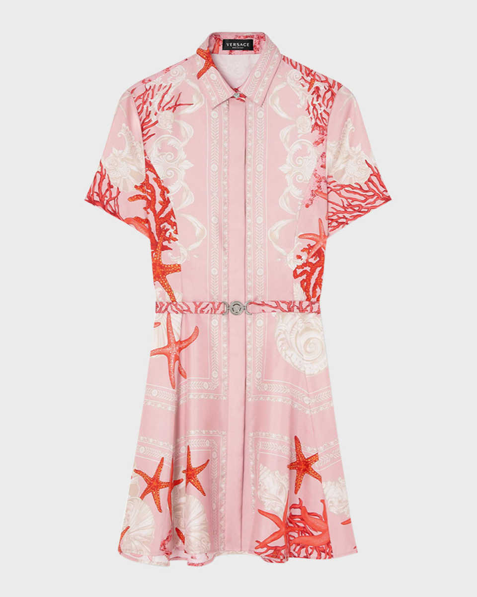 Holiday-Print Belted Short-Sleeve Silk Twill Mini Shirtdress