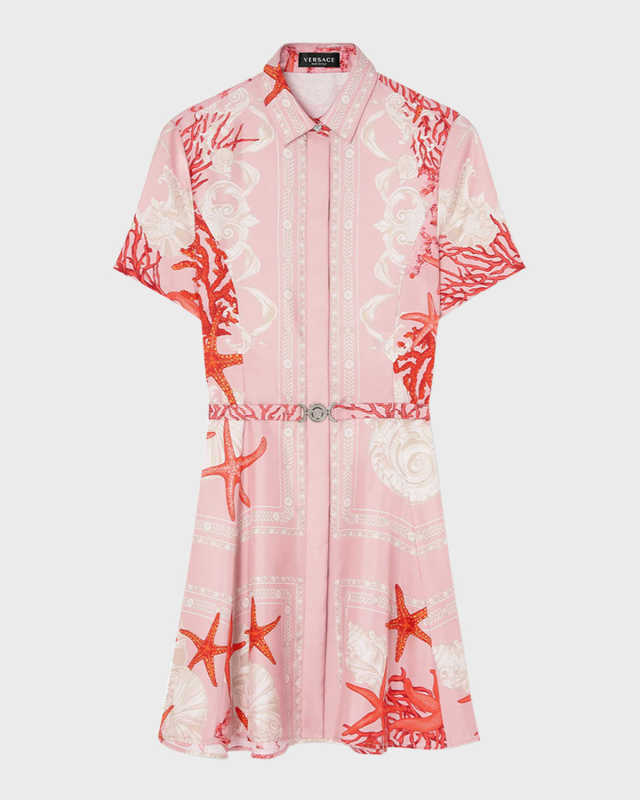 Holiday-Print Belted Short-Sleeve Silk Twill Mini Shirtdress