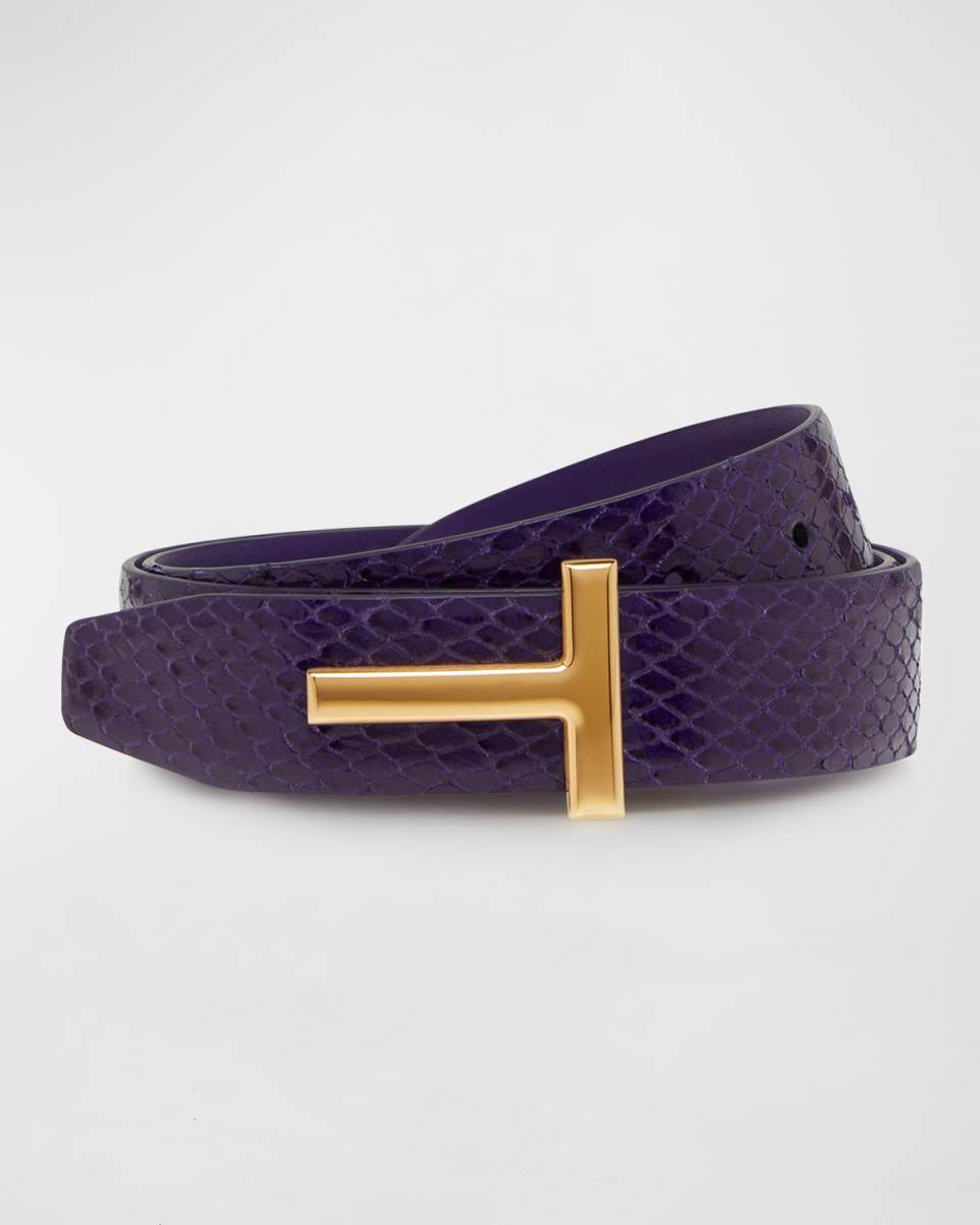 T Buckle Python Embossed Smooth Leather Belt