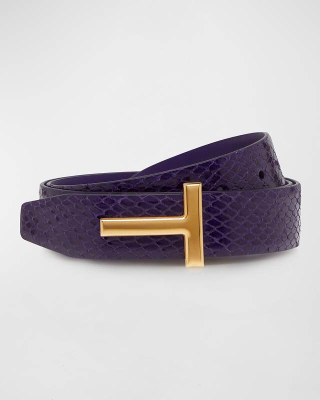 T Buckle Python Embossed Smooth Leather Belt
