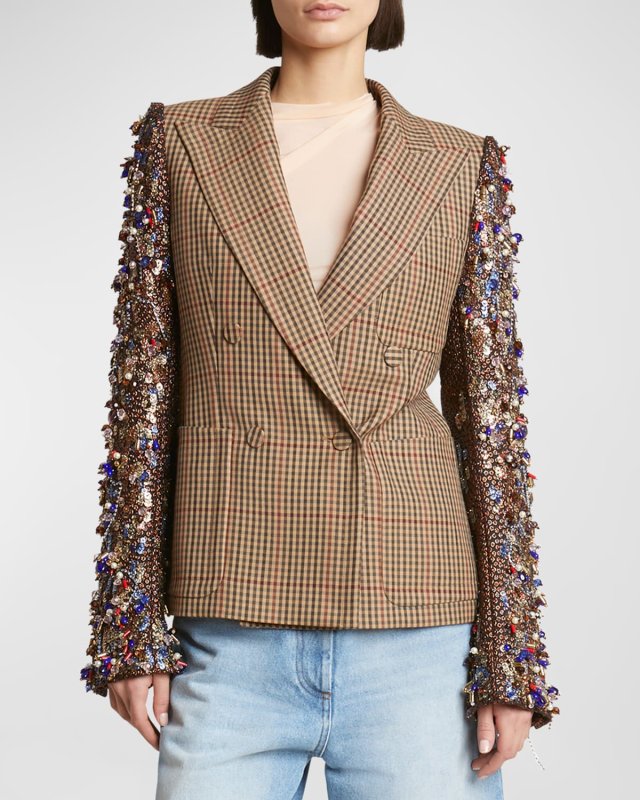 Beaume Embellished-Sleeve Double-Breasted Check Jacket
