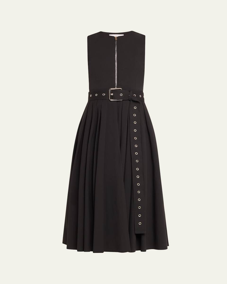 Zip-Up Cotton Poplin Belted Midi Dress