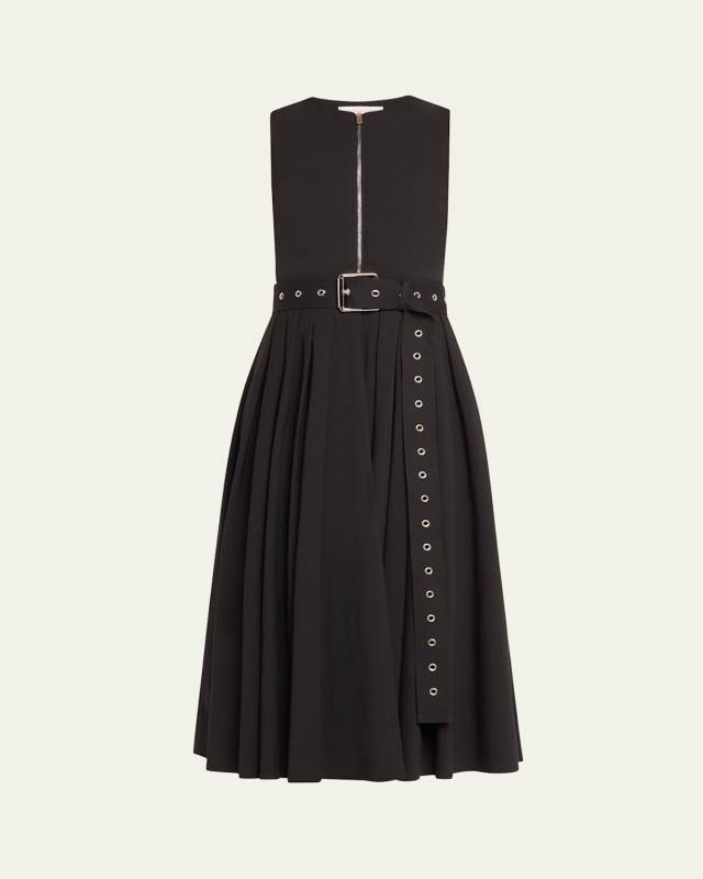 Zip-Up Cotton Poplin Belted Midi Dress