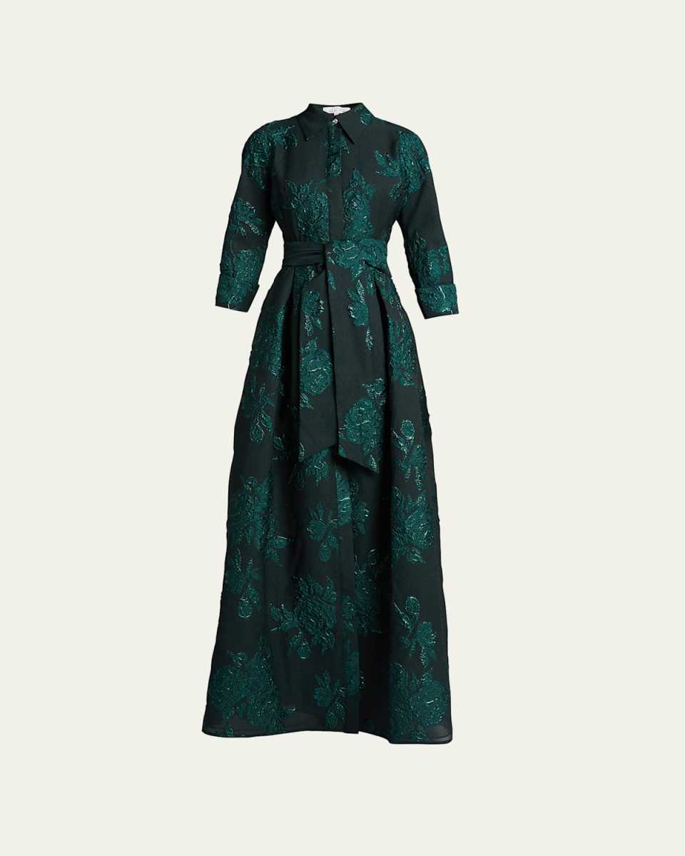 Belted Jacquard Shirtdress Gown