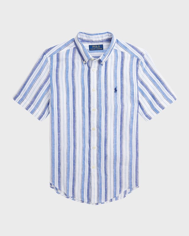 Boy's Linen Striped Polo Shirt, Size S-XL