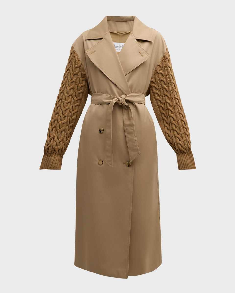 Cicladi Cable-Knit Sleeves Belted Long Trench Coat
