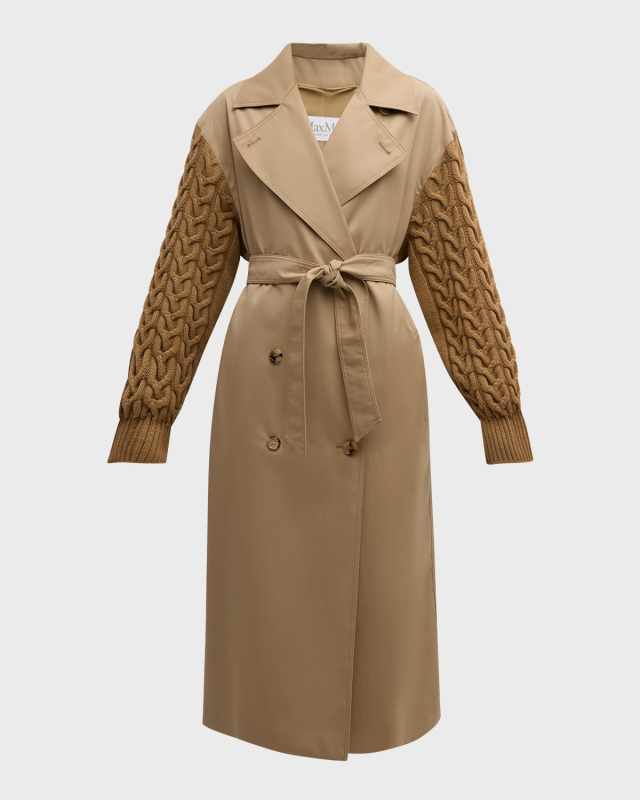 Cicladi Cable-Knit Sleeves Belted Long Trench Coat