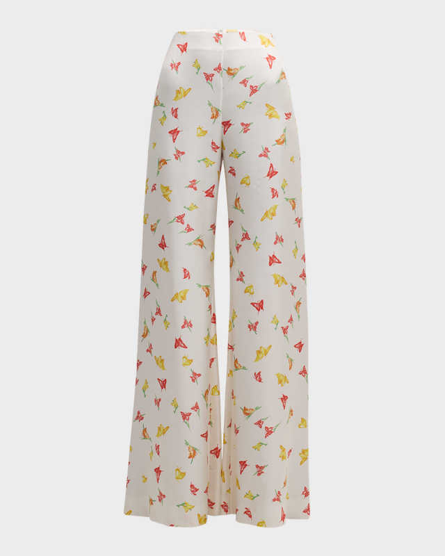 Luc High-Rise Butterfly-Print Wide-Leg Silk Palazzo Pants
