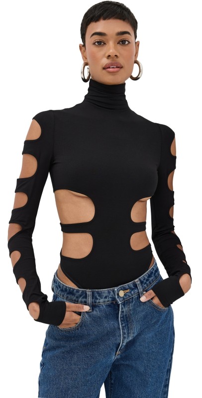 LaQuan Smith Mock Neck Bodysuit with Cut Out Details Black