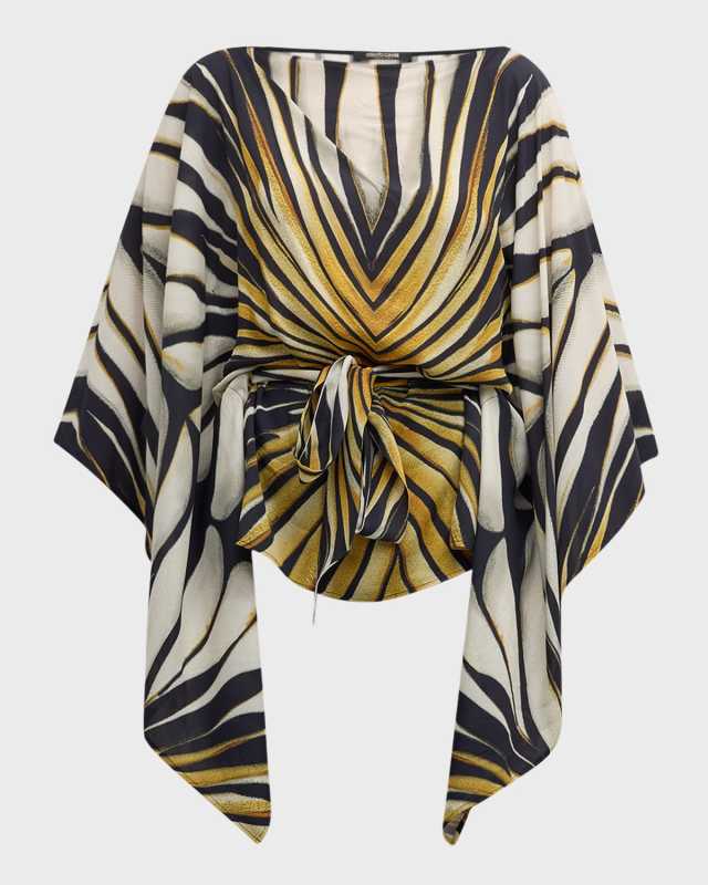 Printed Boat-Neck Belted Caftan Top