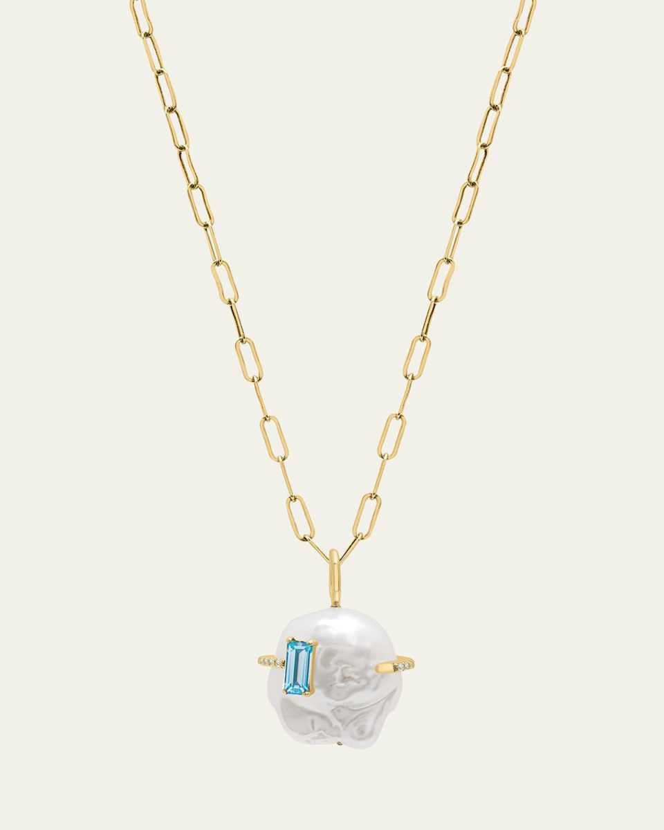 Gum Drop Baroque Pearl Necklace with Aquamarine Baguette Stone and Diamonds