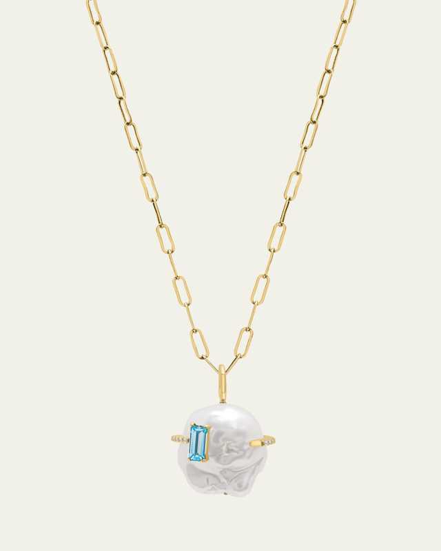 Gum Drop Baroque Pearl Necklace with Aquamarine Baguette Stone and Diamonds