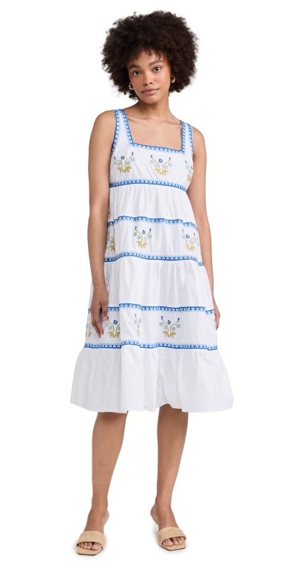 English Factory Embroidered Midi Dress Ivory/Blue