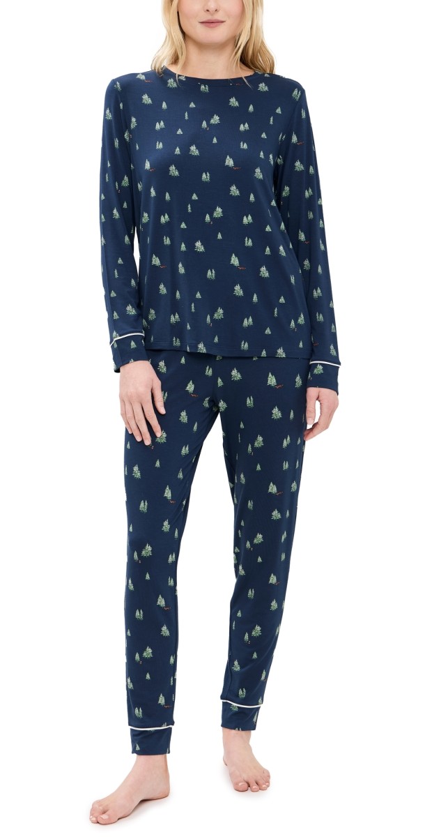 Eberjey Gisele Printed Crew PJ Set Woodland Pine Navy/Ivory