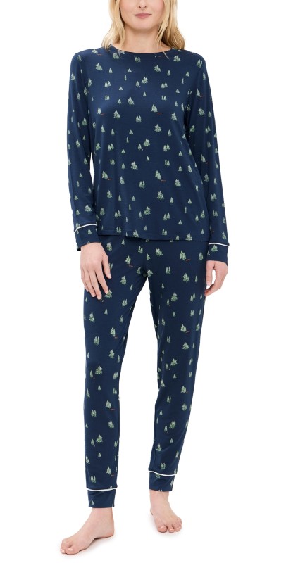 Eberjey Gisele Printed Crew PJ Set Woodland Pine Navy/Ivory