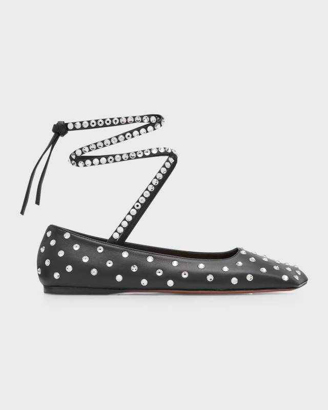 Ane Crystal Studded Ankle-Wrap Ballerina Flats